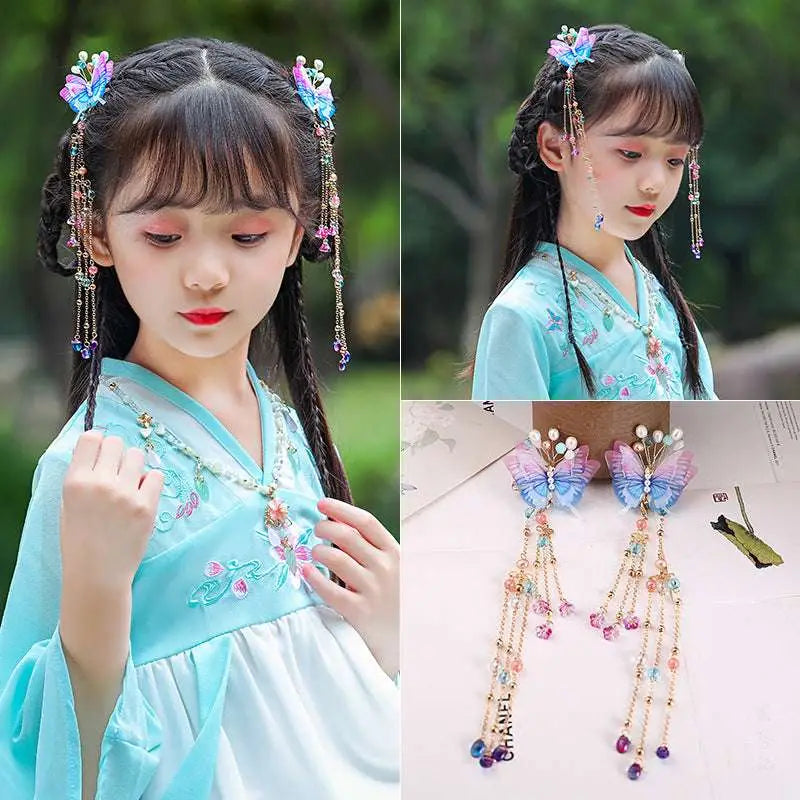 Pastel butterfly floral hairpins with iridescent wings and crystal beads for girls chinese style ancient costume
