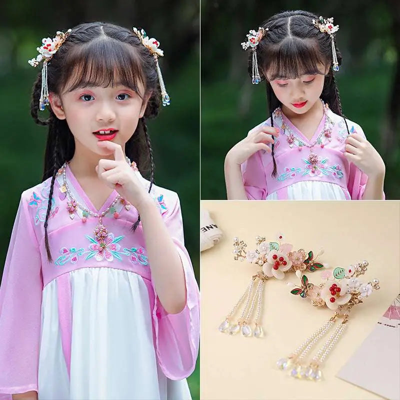 Delicate girls Chinese style ancient costume floral hairpins with gold metal, pink white resin flowers, green leaves, pearl strands, and crystals