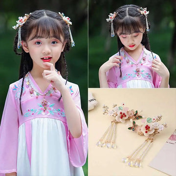 Delicate girls Chinese style ancient costume floral hairpins with gold metal, pink white resin flowers, green leaves, pearl strands, and crystals