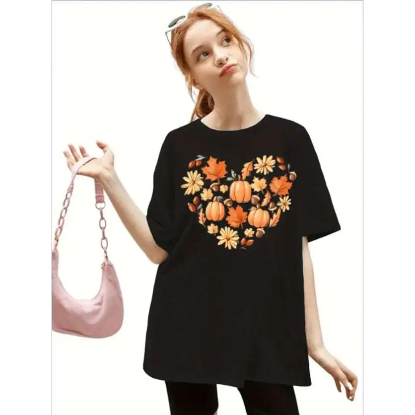Black girls cute pumpkin print oversized t shirt with comfy round neck and heart-shaped autumn pumpkin print design