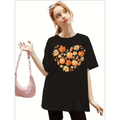 Black girls cute pumpkin print oversized t shirt with comfy round neck and heart-shaped autumn pumpkin print design