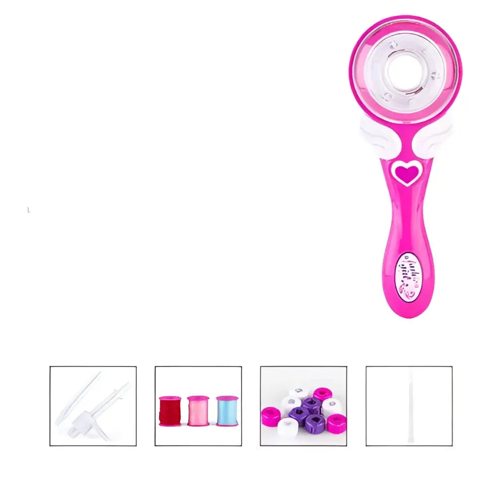 Pink handheld automatic hair braid spool winder with white angel wing accents and heart-shaped handle for hair braid fashion