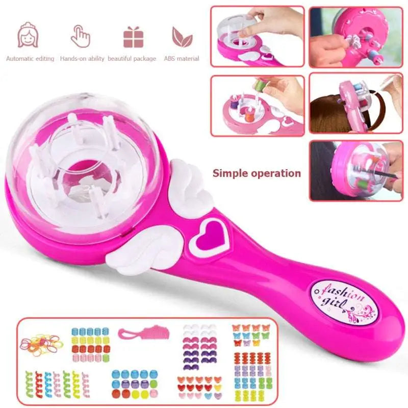 Pink and white plastic girls electric automatic hair braid fashion toy with wing-shaped handles labeled fashion girl