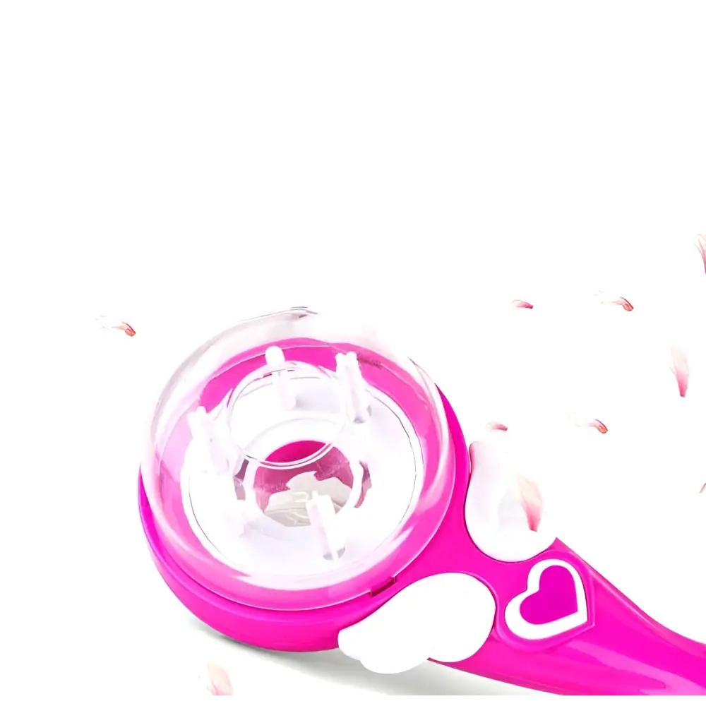 Pink plastic automatic hair braid picker with clear dome and white heart-shaped handle for hair braid fashion use