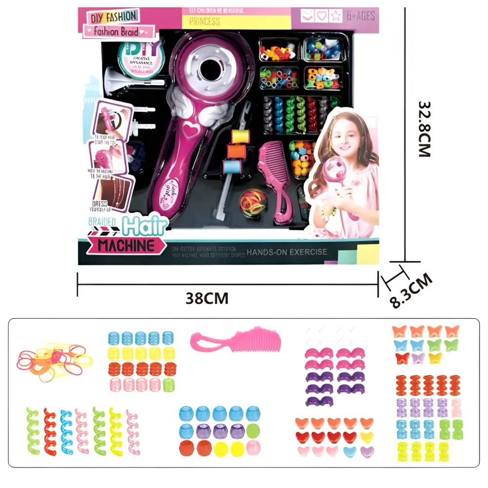 Pink and silver plastic girls electric automatic hair braid fashion toy with heart-shaped handle and colorful beads accessories