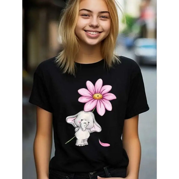 Black cotton girls elephant floral print loose fit crew t-shirt with cartoon white elephant holding a pink flower