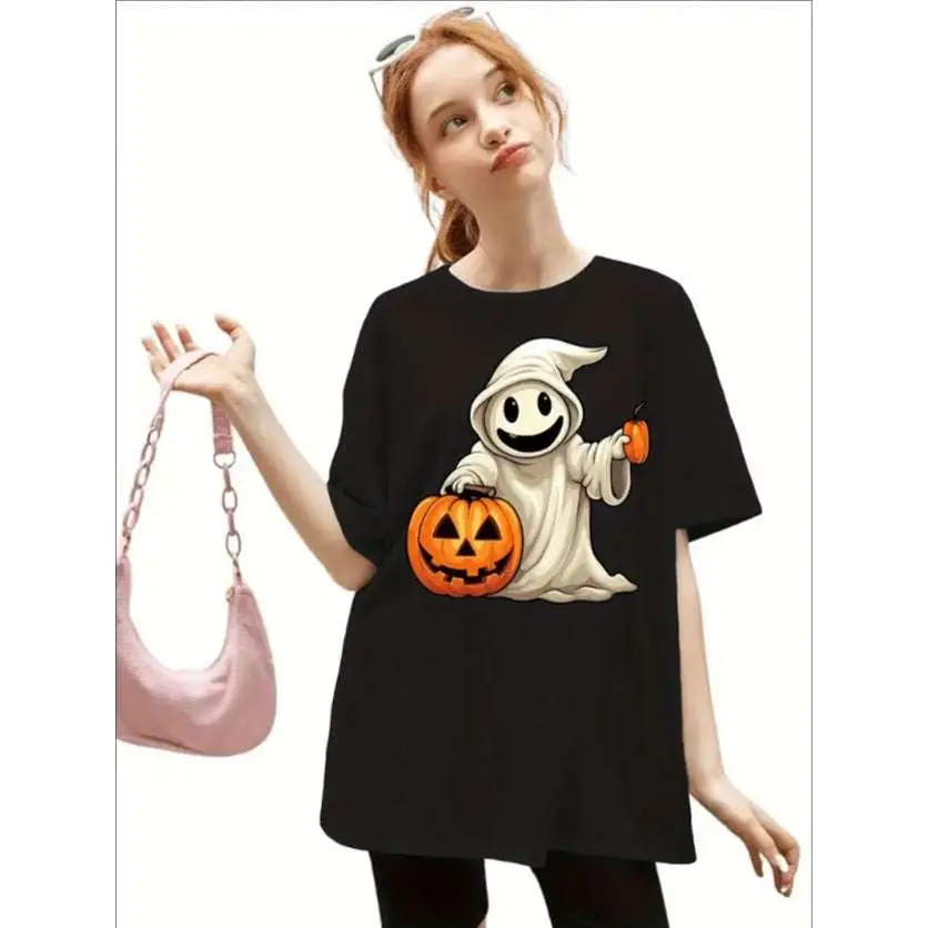 Black halloween-themed girls ghost pumpkin print round neck short tee with white ghost holding orange pumpkin and cup