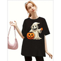 Black halloween-themed girls ghost pumpkin print round neck short tee with white ghost holding orange pumpkin and cup