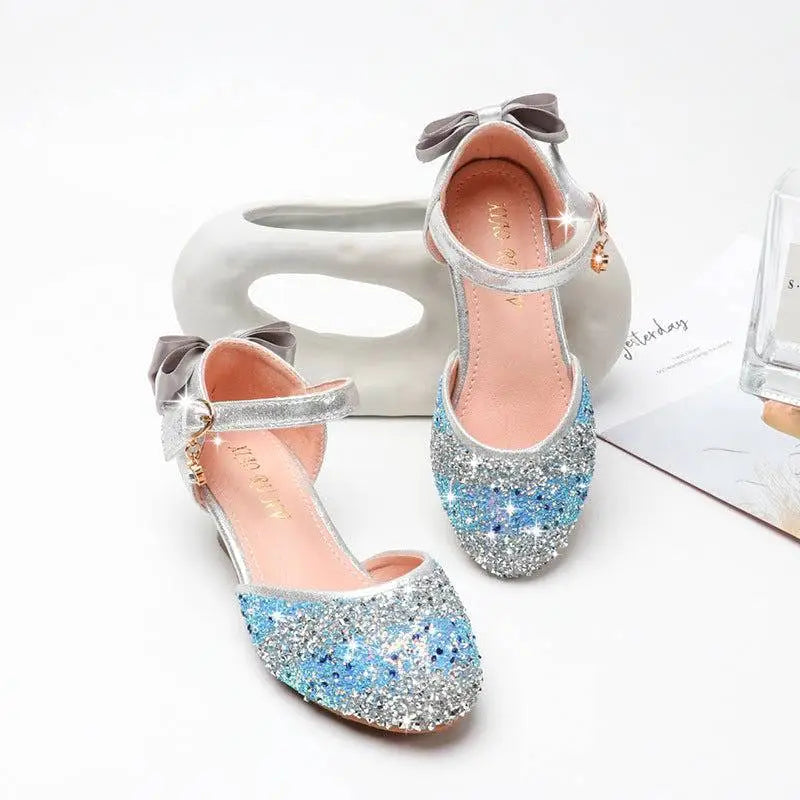 Girls high heel summer rhinestone sparkling sandals with shiny blue and silver glittery mary jane straps and satin bow