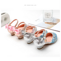 Back view of pink silver and blue rhinestone sparkling girls high heel summer sandals with bows on the back