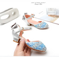 Silver glittery girls rhinestone sparkling mary jane heel summer sandals with blue bow on ankle strap