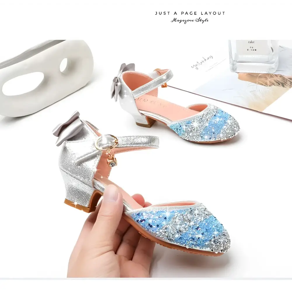 Silver glittery girls rhinestone sparkling mary jane heel summer sandals with blue bow on ankle strap