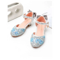 Blue and silver glittery girls rhinestone sparkling high heel summer sandals with gray bow ties for stylish wear