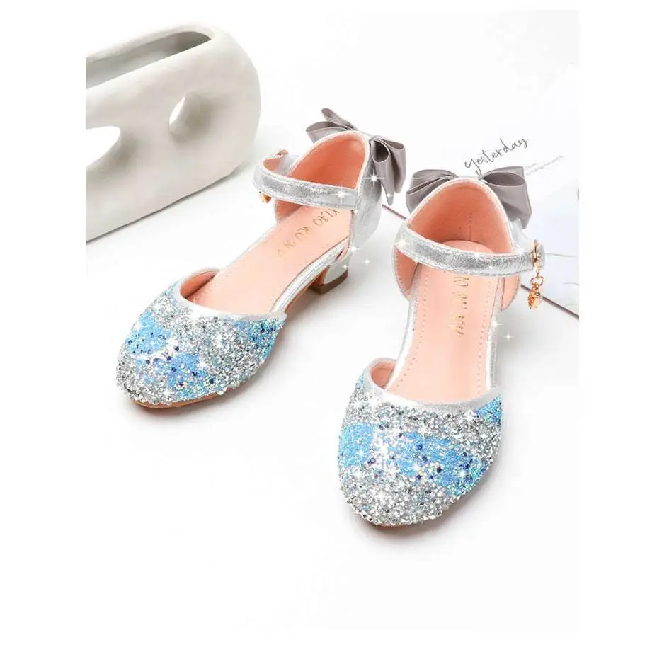 Blue and silver glittery girls rhinestone sparkling high heel summer sandals with gray bow ties for stylish wear