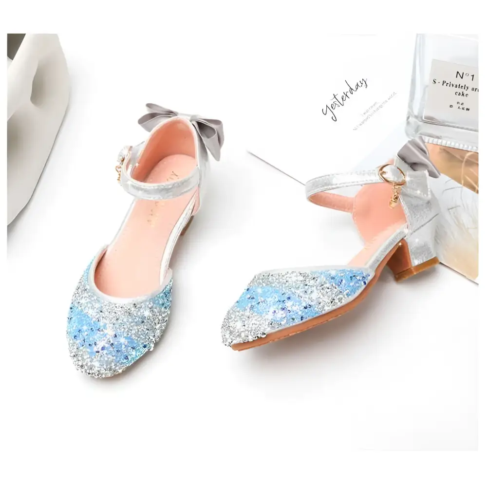 Silver glittery girls high heel summer sandals with blue rhinestone sparkling mary jane style and ankle strap bow