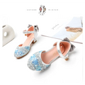 Sparkling blue and silver glittery girls mary jane heel summer sandals with rhinestone detailing and satin bow ankle strap