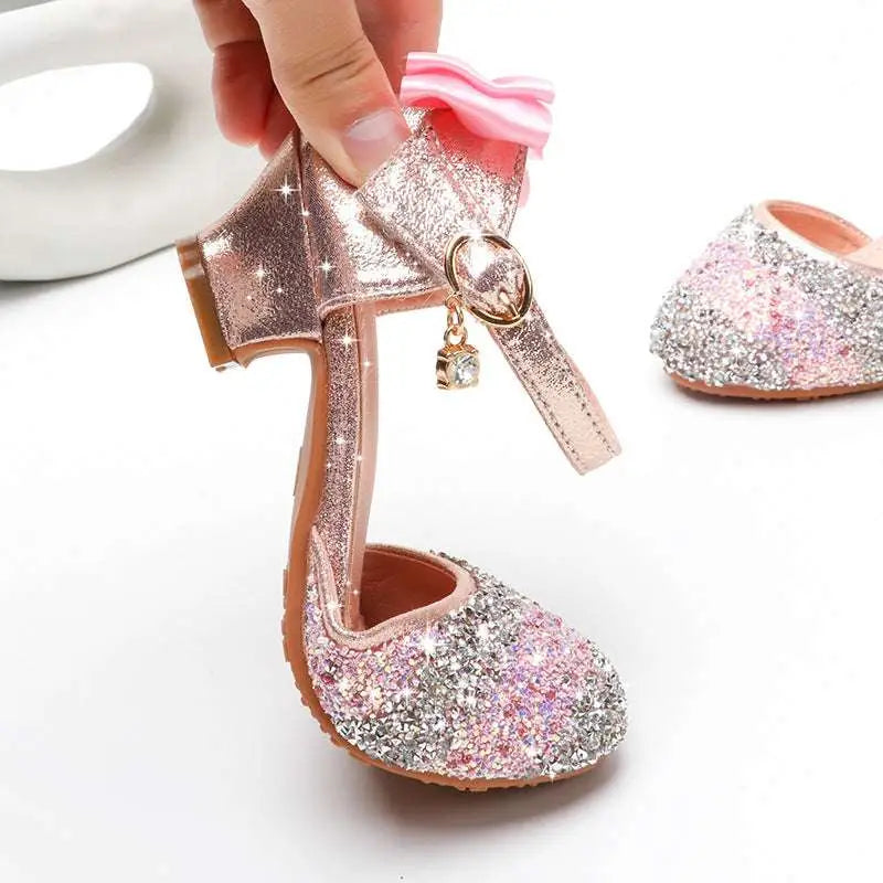 Girls high heel summer rhinestone sparkling sandals with pink and silver glittery girls shoe and rose gold buckle