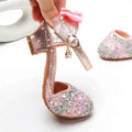 Girls high heel summer rhinestone sparkling sandals with pink and silver glittery girls shoe and rose gold buckle