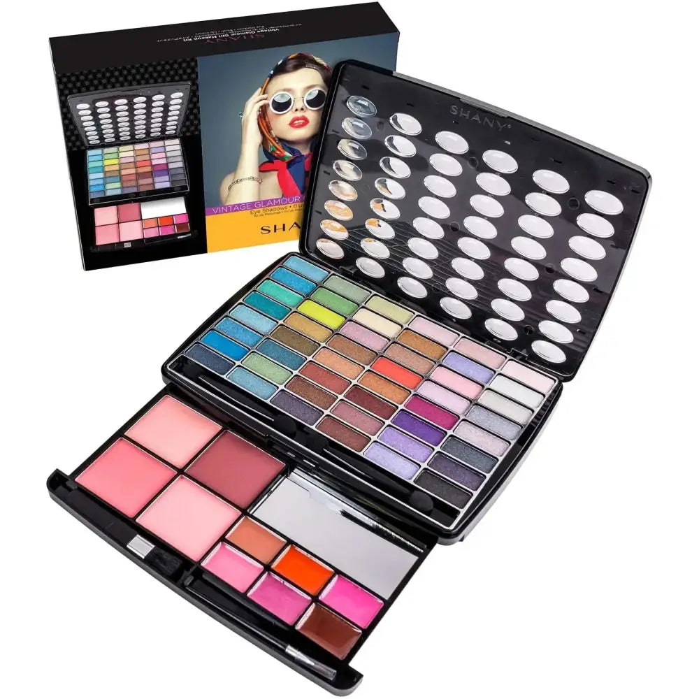 Black shany glamour girl makeup kit featuring 54 vibrant eyeshadows and a blush section in a sleek palette