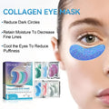 Blue glitter collagen eye mask applied under eye to reduce fine lines and dark circles with hydrating collagen material