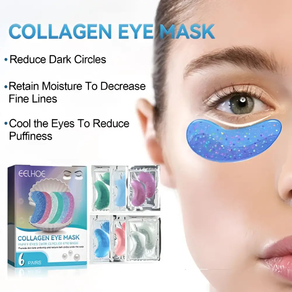 Blue glitter collagen eye mask applied under eye to reduce fine lines and dark circles with hydrating collagen material