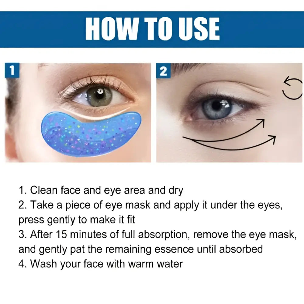 Blue glitter collagen eye mask designed to reduce fine lines and dark circles for refreshed skin