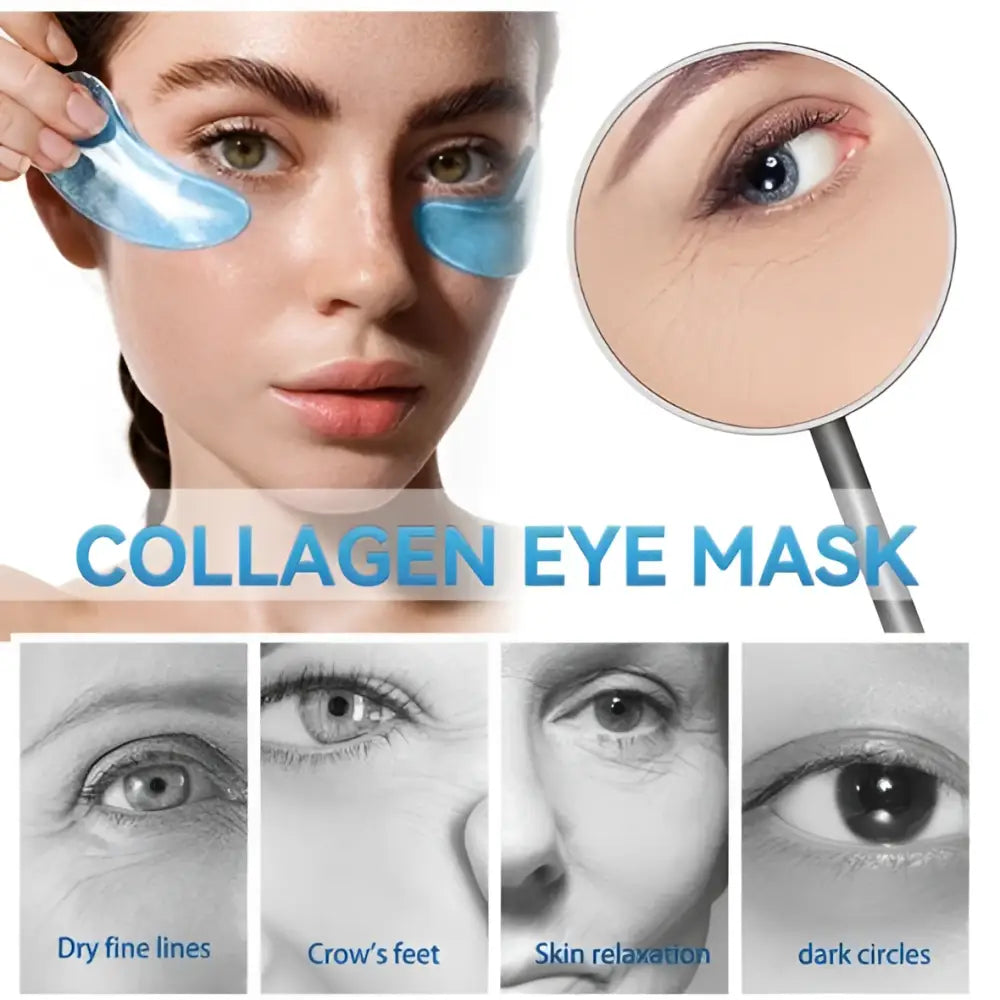Blue translucent glitter collagen eye mask designed to reduce fine lines and dark circles with hydrating material