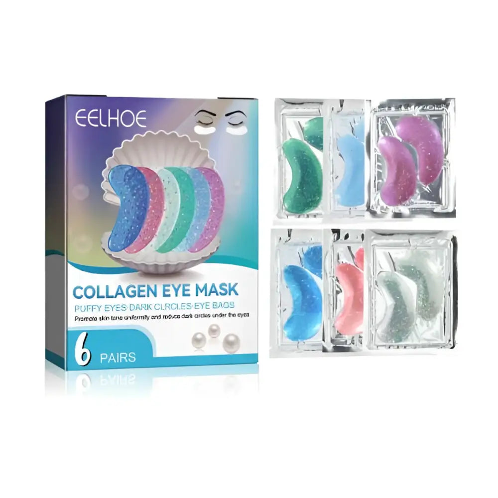The eelhoe glitter collagen eye mask set includes six pairs of pastel gel masks designed to reduce fine lines and dark circles