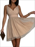 Beige elegant glitter sleeveless tulle mini dress with deep v neck and fitted waistband for party wear
