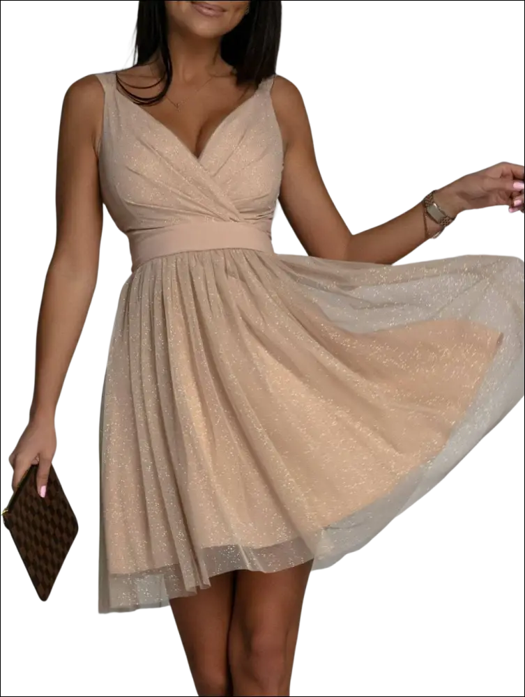 Beige glitter sleeveless deep v neck party dress with sparkly tulle fabric and fitted waistband for an elegant look