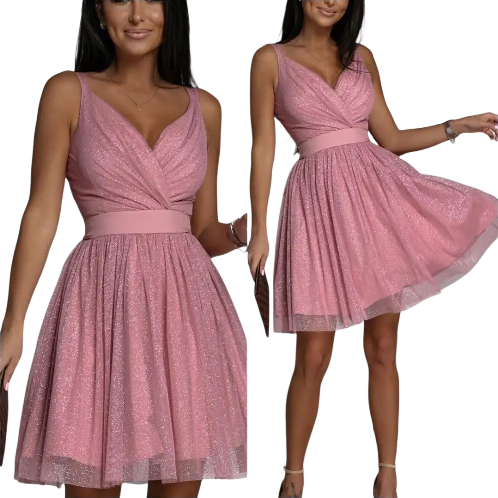 A shimmering pink glitter sleeveless deep v neck party dress with fitted waistband and pleated a-line skirt