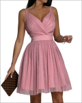 A shimmering pink elegant glitter sleeveless deep v neck party dress with pleated skirt and matching belt