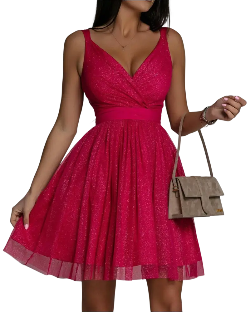 A vibrant fuchsia glitter sleeveless deep v neck tulle mini dress with fitted waistband for elegant party wear