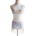 Glorious sequin dress nightclub costume fringe set with iridescent sequins gold chain detailing and fringe accents