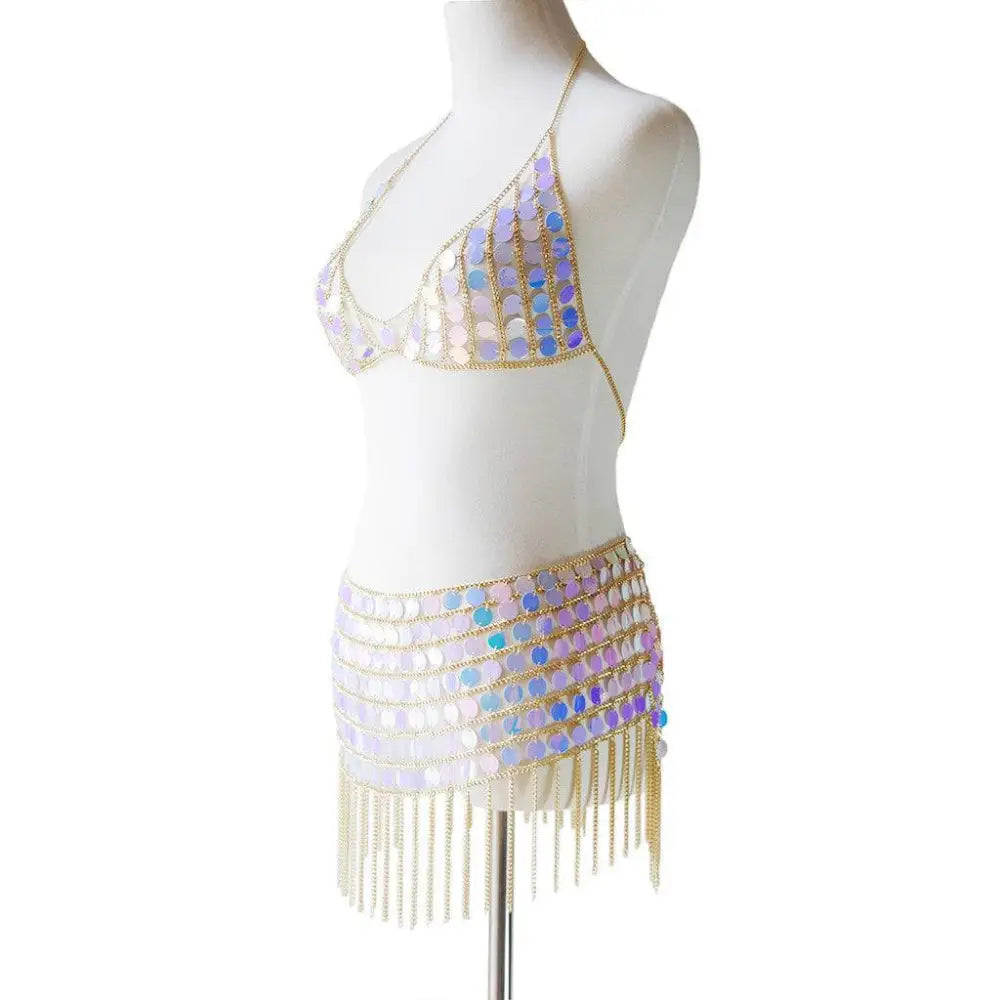 Glorious sequin dress nightclub costume fringe set with shimmering iridescent sequins gold chain detailing and fringe