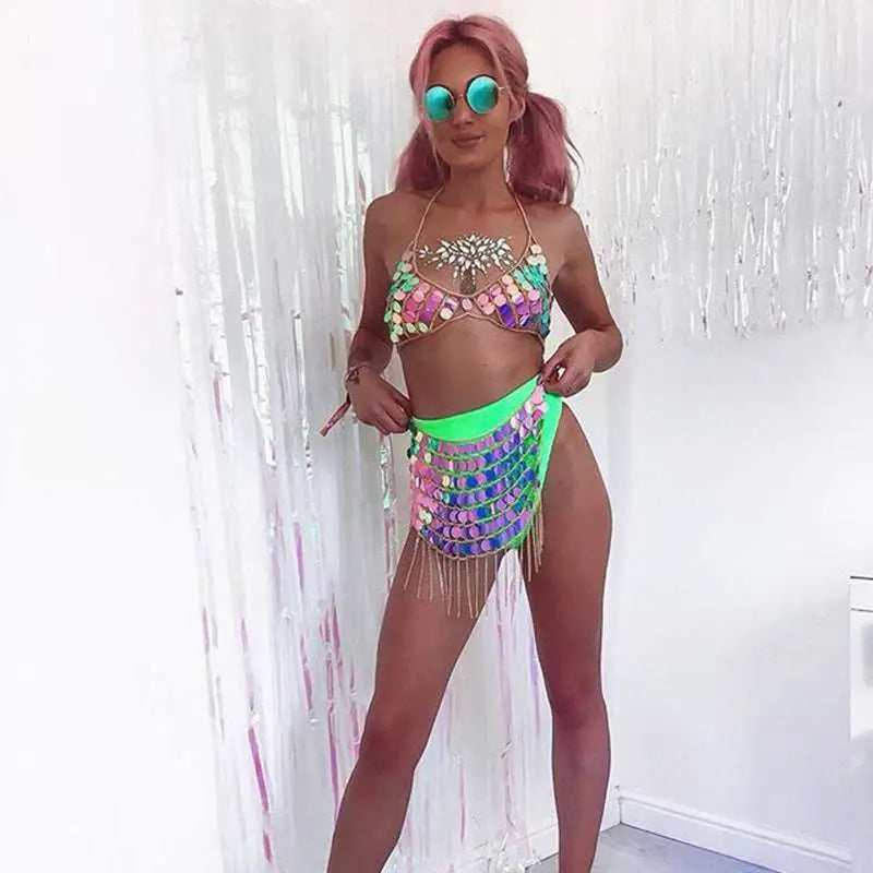 Shimmering iridescent glorious sequin dress bikini set with halter top and fringe nightclub costume fringe skirt