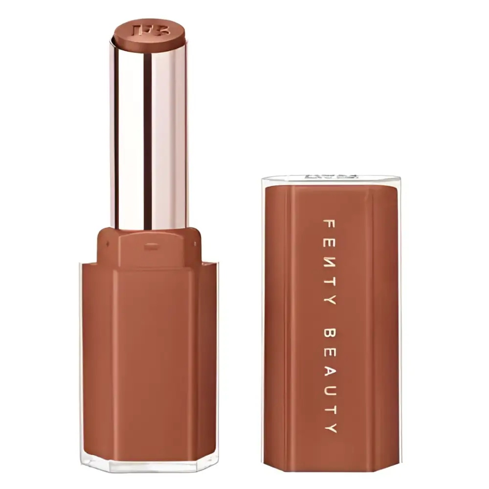 Fenty beauty gloss bomb stix high shine gloss stick sorta selfish in matte warm terracotta with rose gold octagonal design