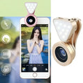 Glow face 3 in 1 photo lens and lighting clip in pink and gold with triangular clip-on design and led lights for enhanced lighting
