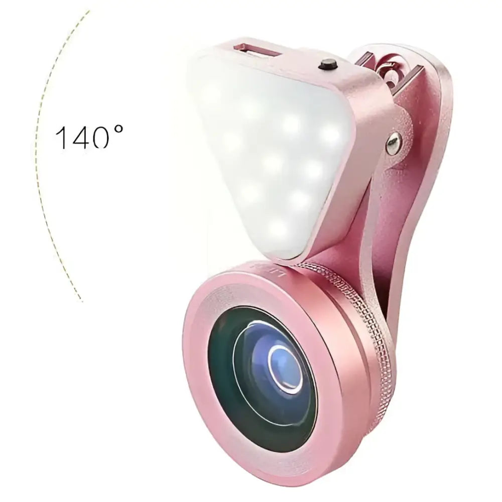 Pink metallic glow face 3 in 1 clip-on photo lens with built-in led photo lens lighting panel and lighting clip