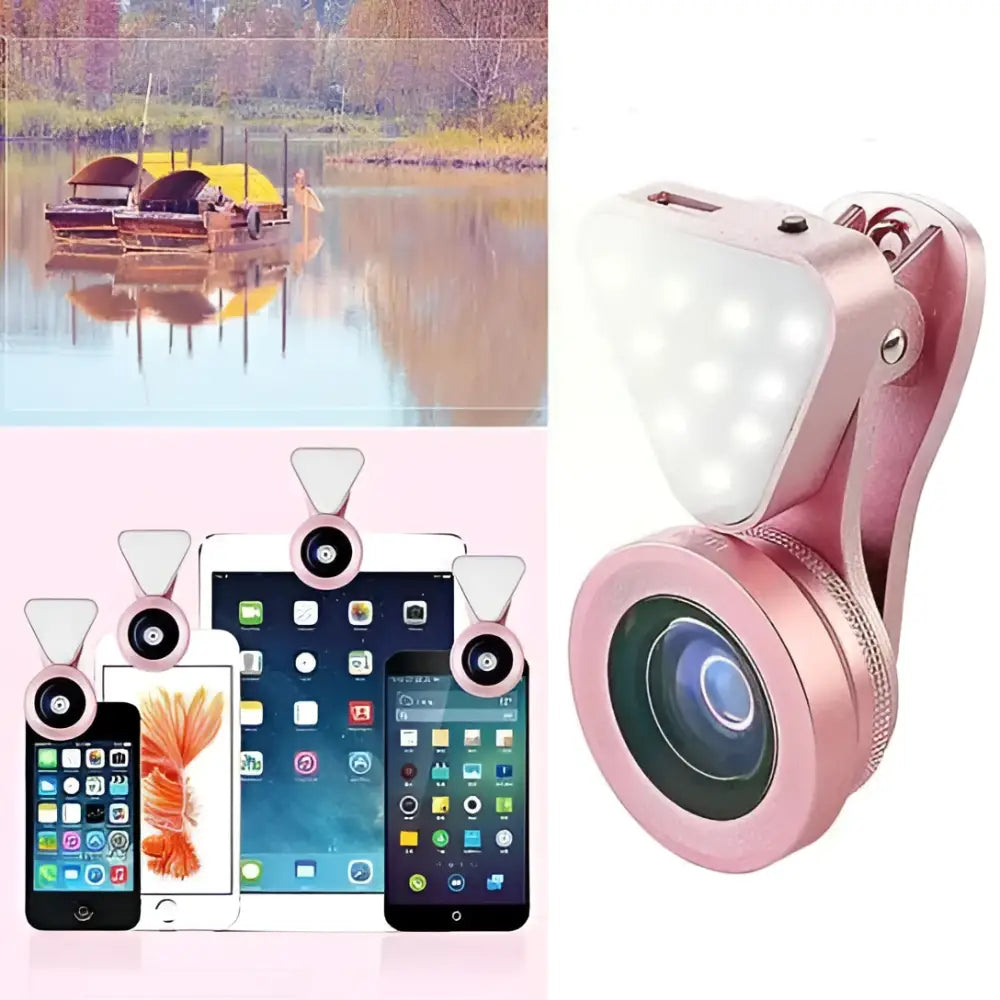 Pink glow face 3 in 1 photo lens lighting clip with built-in led light and adjustable focus ring for enhanced photos