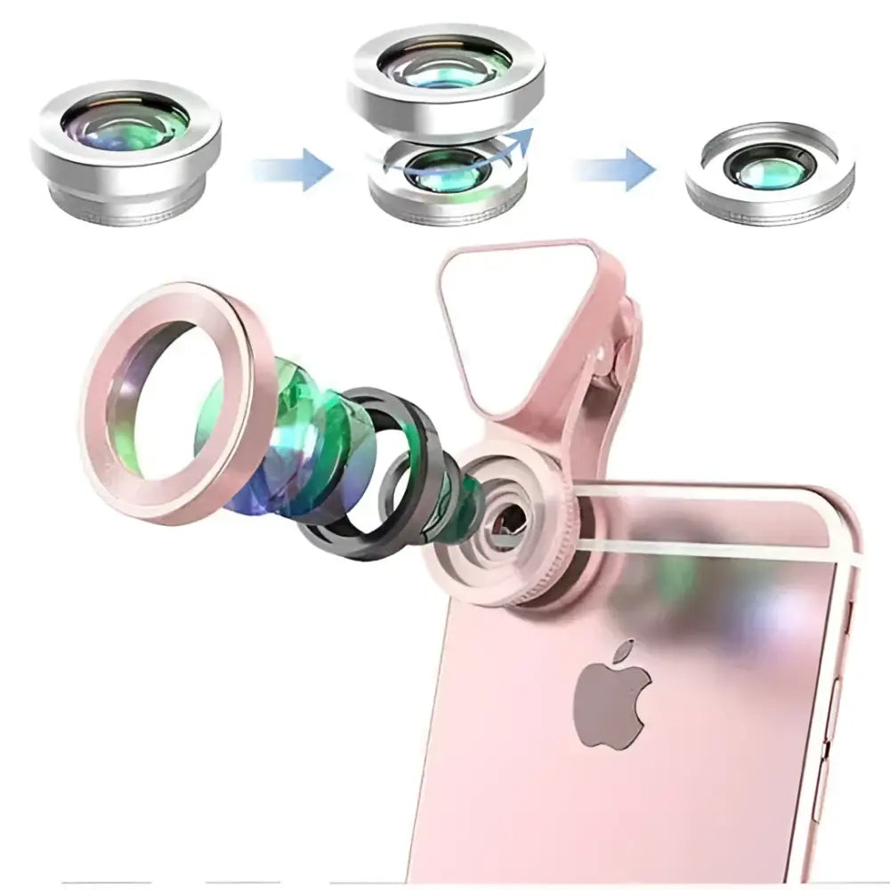 Rose gold glow face 3 in 1 photo lens lighting clip with multiple colored glass elements and silver metallic frame