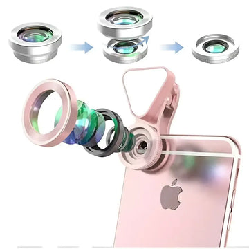 Rose gold glow face 3 in 1 photo lens lighting clip with multiple colored glass elements and silver metallic frame