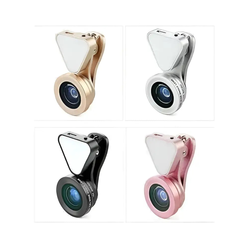 A sleek clip-on glow face 3 in 1 photo lens and lighting clip available in gold silver black and pink finishes