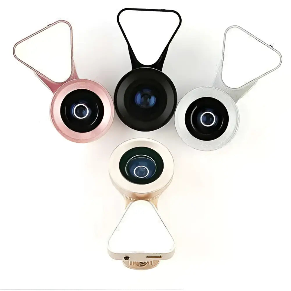 Glow face 3 in 1 photo lens and lighting clip with rose gold black and silver smartphone camera lens attachments and triangular clips