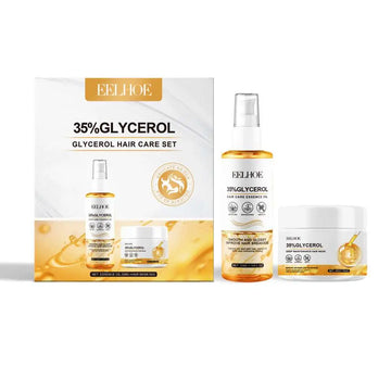 The eelhoe glycerin hair care set features a clear spray bottle with amber liquid and a white jar hair mask for nourishing hair treatment