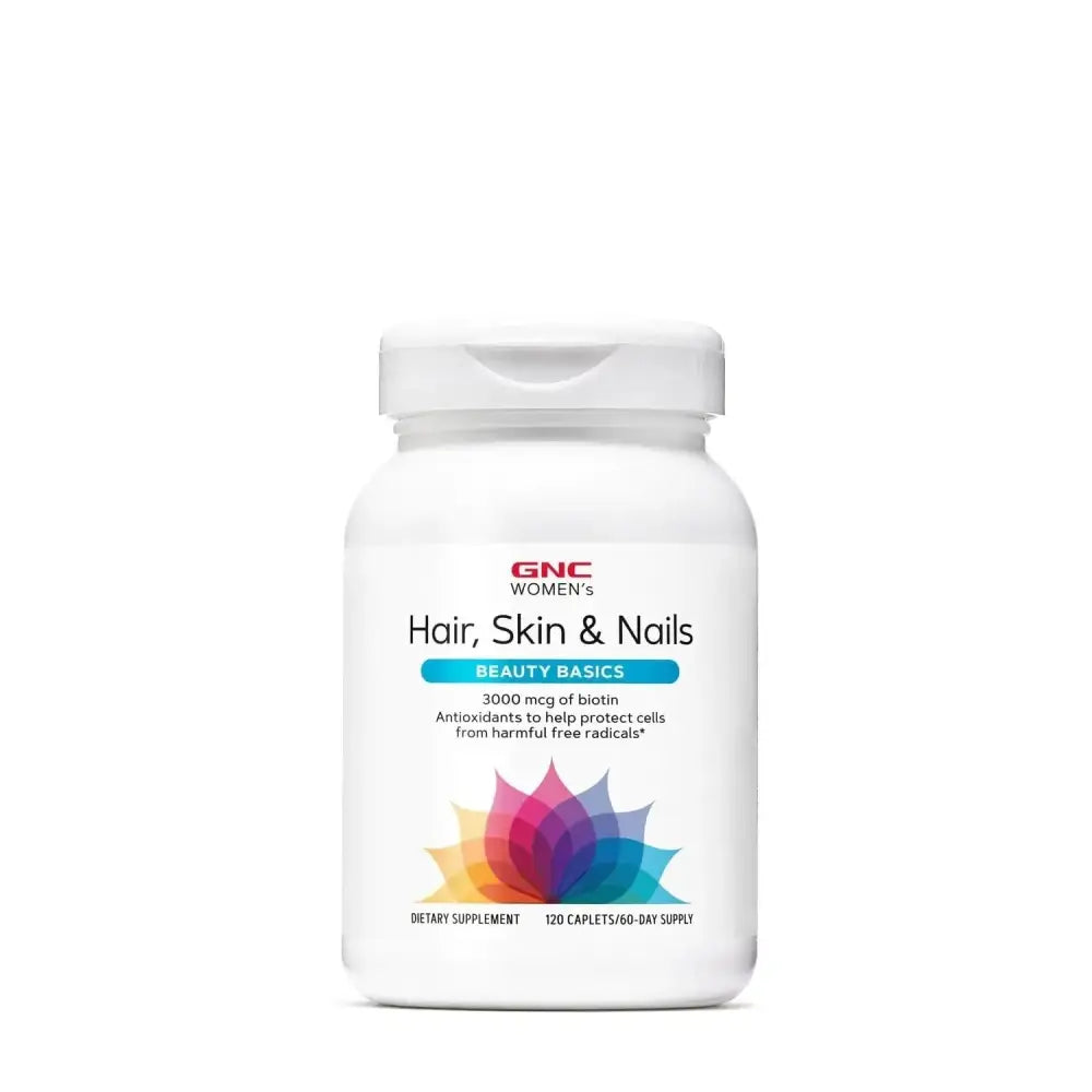 White plastic bottle of gnc womens hair skin and nails multivitamin with colorful lotus design and tea leaf extract label