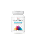 White plastic bottle of gnc womens hair skin and nails multivitamin with colorful lotus design and tea leaf extract label