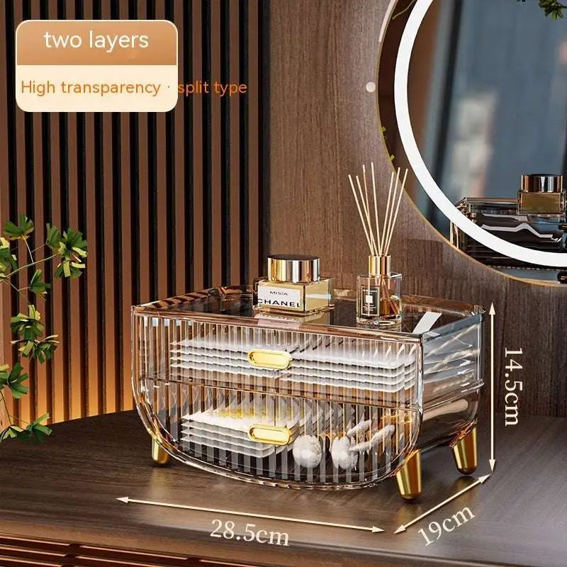 Transparent acrylic two-layer gold acrylic cosmetics storage box with gold-tone metal handles and feet makeup organizer