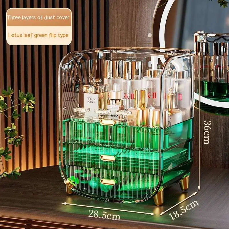 Transparent green acrylic cosmetics storage box with gold acrylic accents and lotus leaf design makeup organizer