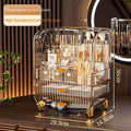Transparent white acrylic cosmetics storage box with gold acrylic cosmetics handles and three-layer dust cover makeup organizer